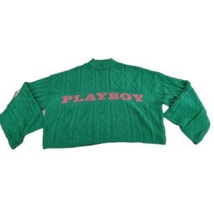 Playboy Missguided Sweater Women Sz US 10 UK14 Green Cropped Knitted Wide Sleeve